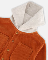 Ribbed Velvet Oversized Hooded Shirt Burnt Orange-4