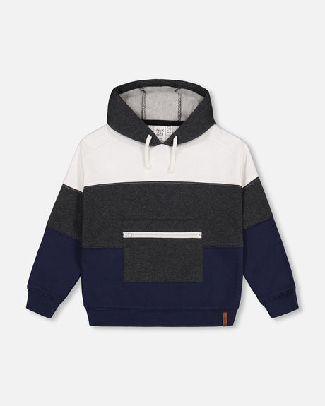 Hoodie With Zipper Pocket Grey, Navy And Off White Color Block-0