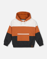 Hoodie With Zipper Pocket Grey, Brown-Orange And Off White Color Block-0