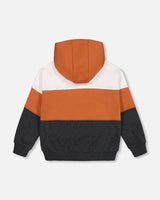 Hoodie With Zipper Pocket Grey, Brown-Orange And Off White Color Block-2