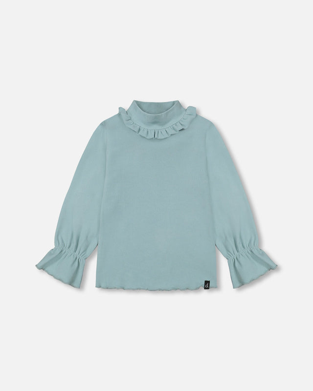 Super Soft Brushed Rib Mock Neck Top With Frills Mint-0