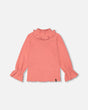 Super Soft Brushed Rib Mock Neck Top With Frills Salmon Pink-0