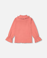 Super Soft Brushed Rib Mock Neck Top With Frills Salmon Pink-2