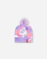 Printed Jersey Detachable Pompom Hat Lilac Unicorn Cloud Print-0