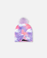 Printed Jersey Detachable Pompom Hat Lilac Unicorn Cloud Print-2